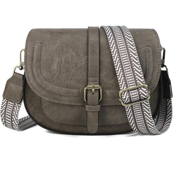 Women Grey Taupe Guitar Strap Imported Vegan Leather Small Saddle Crossbody Bags